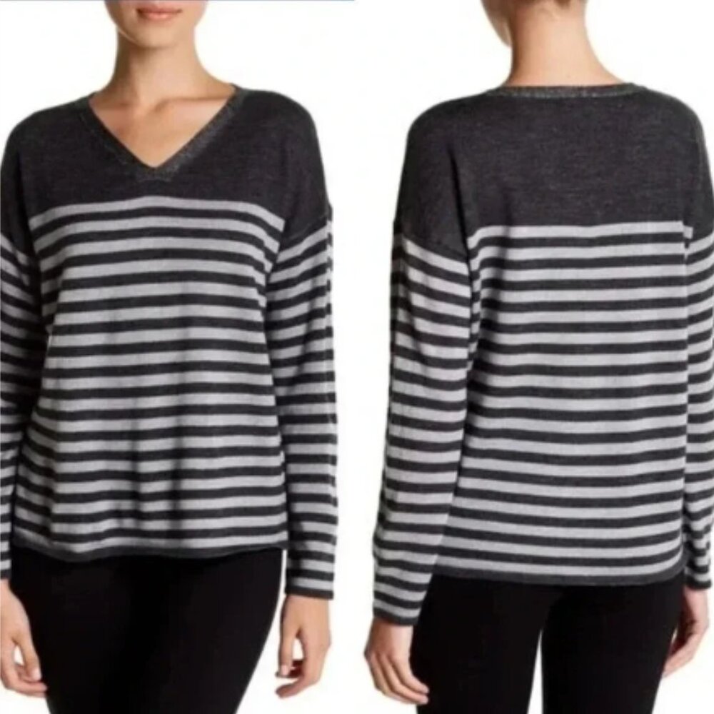 Eileen Fisher V-Neck Striped Gray Wool Pullover Sweater (1470)